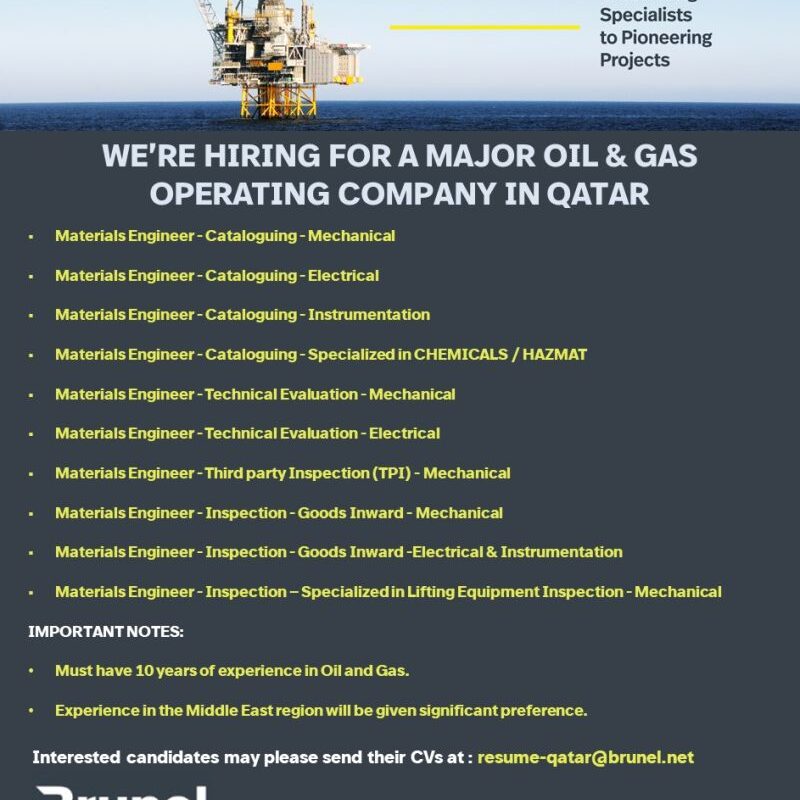 BRUNEL Oil and Gas Materials Engineer Jobs Qatar