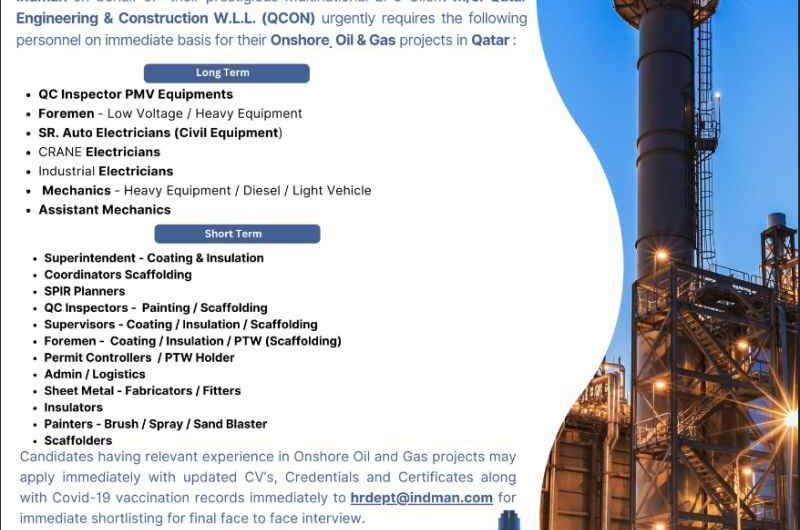 QCON Onshore Oil & Gas Engineering & Construction projects Jobs in Qatar