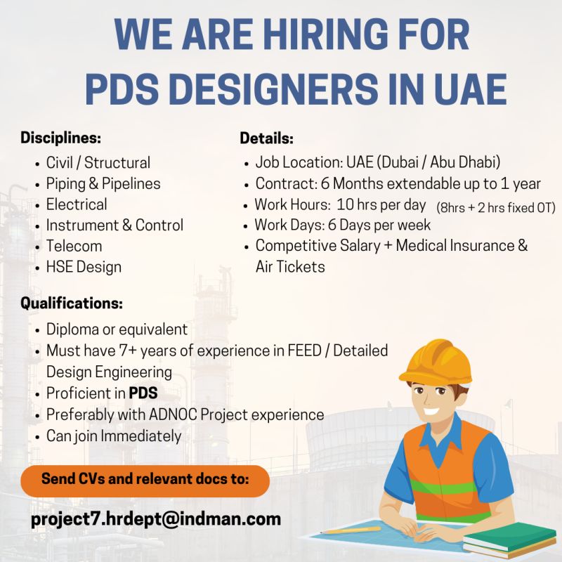 Piping & Pipelines Civil Structural Instrument Electrical HSE DESIGNERS Jobs IN UAE