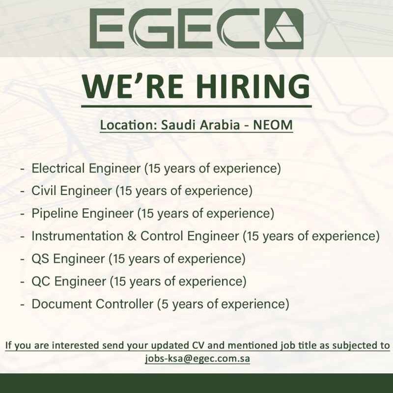 Electrical Instrument Civil Pipeline Engineer Document Controller Jobs in Saudi Arabia