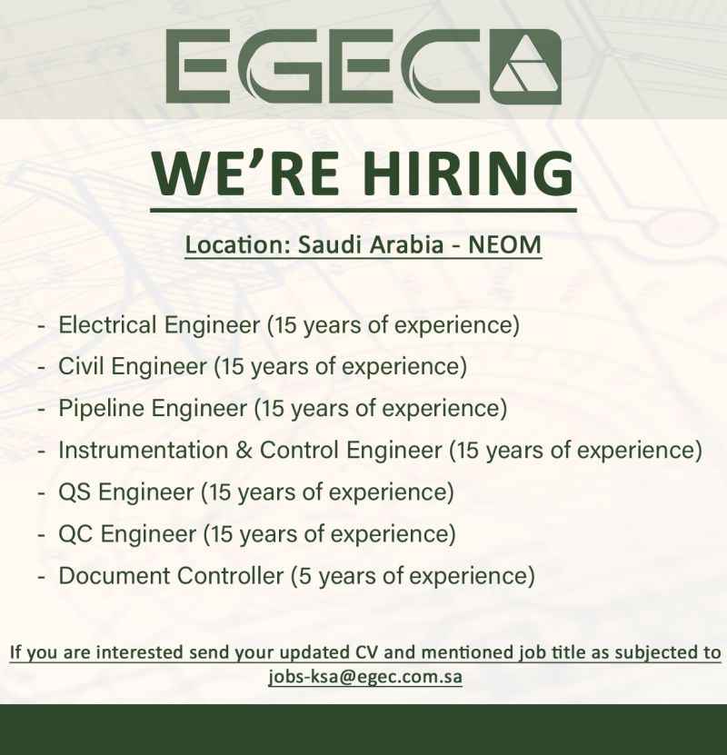 Electrical Instrument Civil Pipeline Engineer Document Controller Jobs in Saudi Arabia