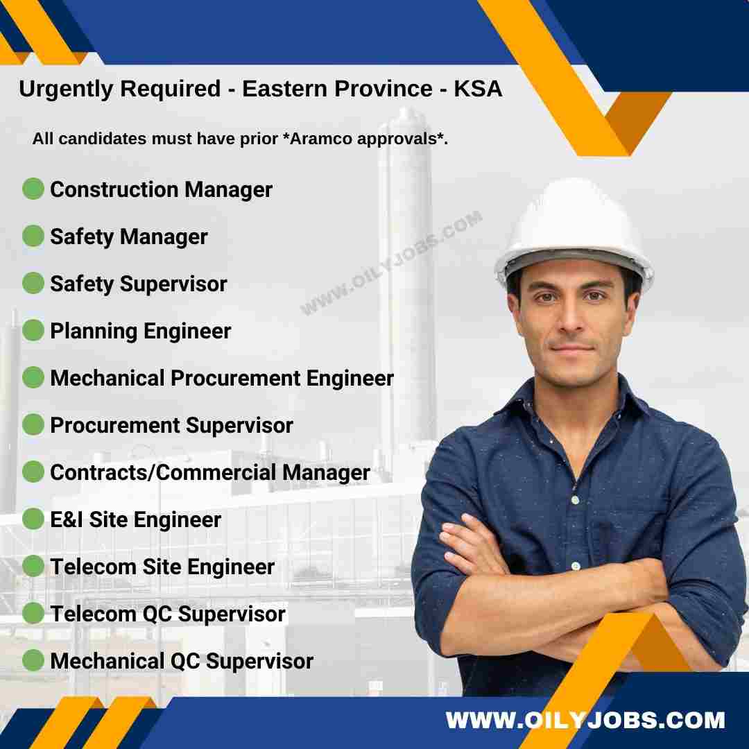 Safety Supervisor E&I Site Engineer Telecom Mechanical QC Supervisor Jobs KSA