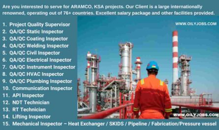 ARAMCO KSA projects QC Inspectors Technicians Jobs