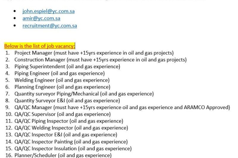 Oil and Gas project vacancies in Saudi Arabia