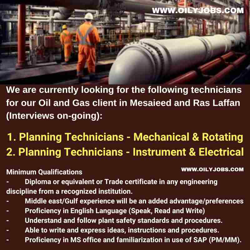 Planning Technicians Mechanical & Rotating Instrument & Electrical Jobs Qatar