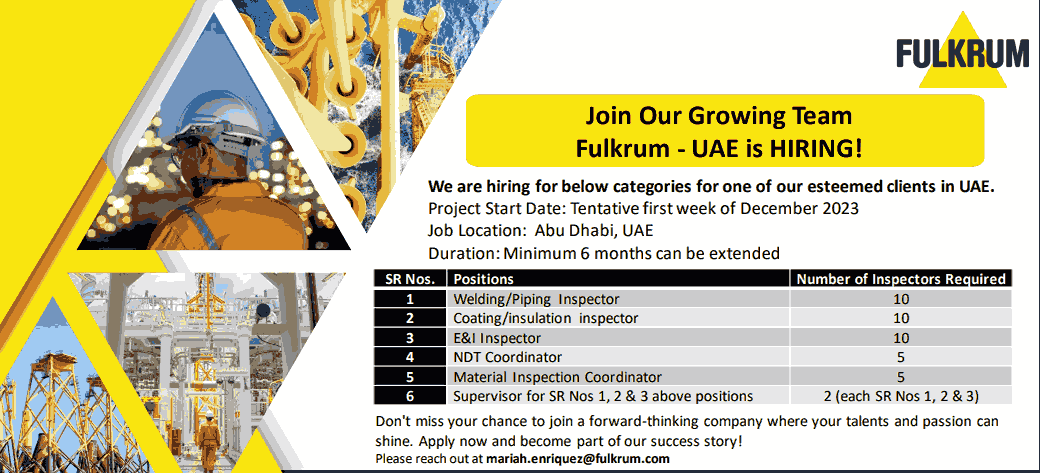 UAE Welding Piping Coating insulation E&I Inspector NDT Coordinator Jobs