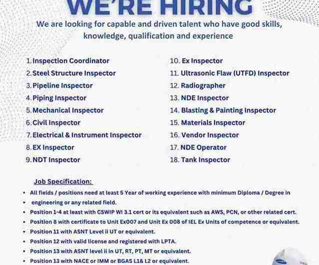 Samsung Engineering Pipeline Piping Mechanical Civil Electrical & Instrument  Inspector Jobs