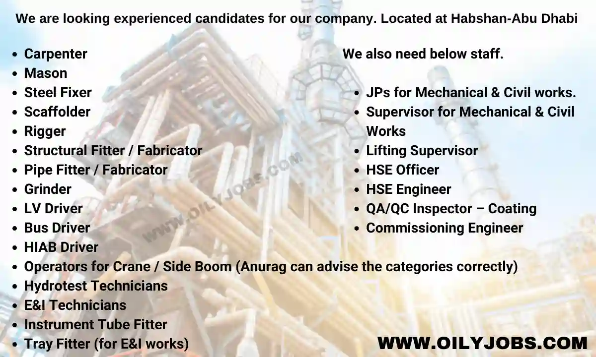 Oil/Gas Rigger Scaffolder Pipe Fitter Fabricator Technicians Abu Dhabi Jobs