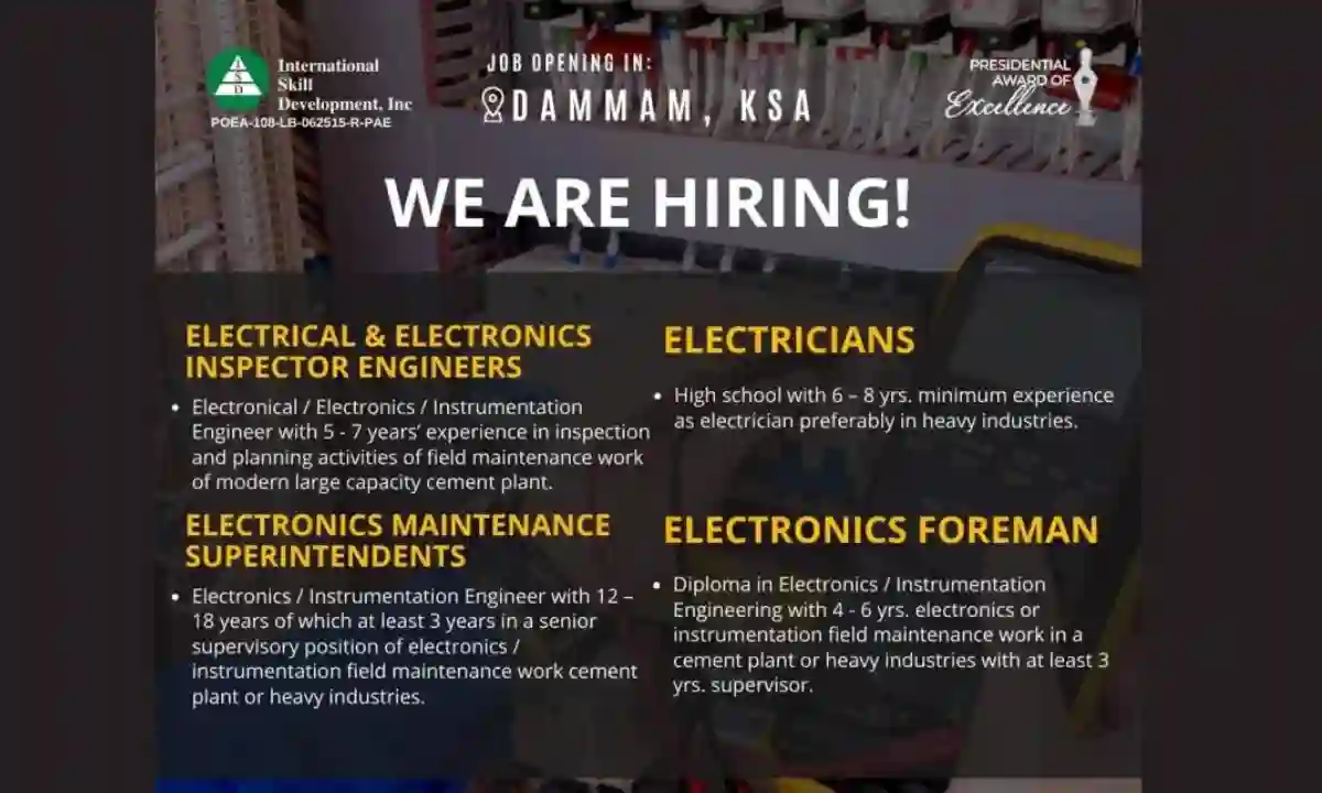 ELECTRICIANS ELECTRONICS FOREMAN INSPECTOR ENGINEERS Jobs SAUDI ARABIA