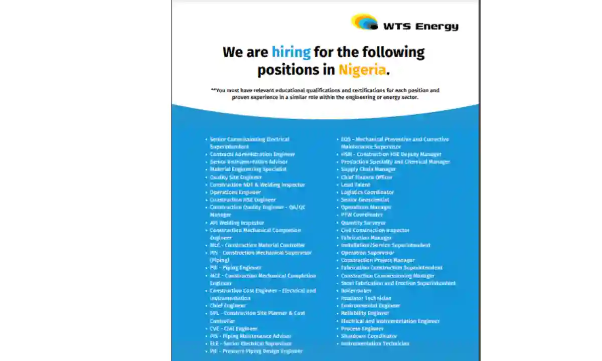 WTS Engineering, Operations and Maintenance Jobs in Nigeria