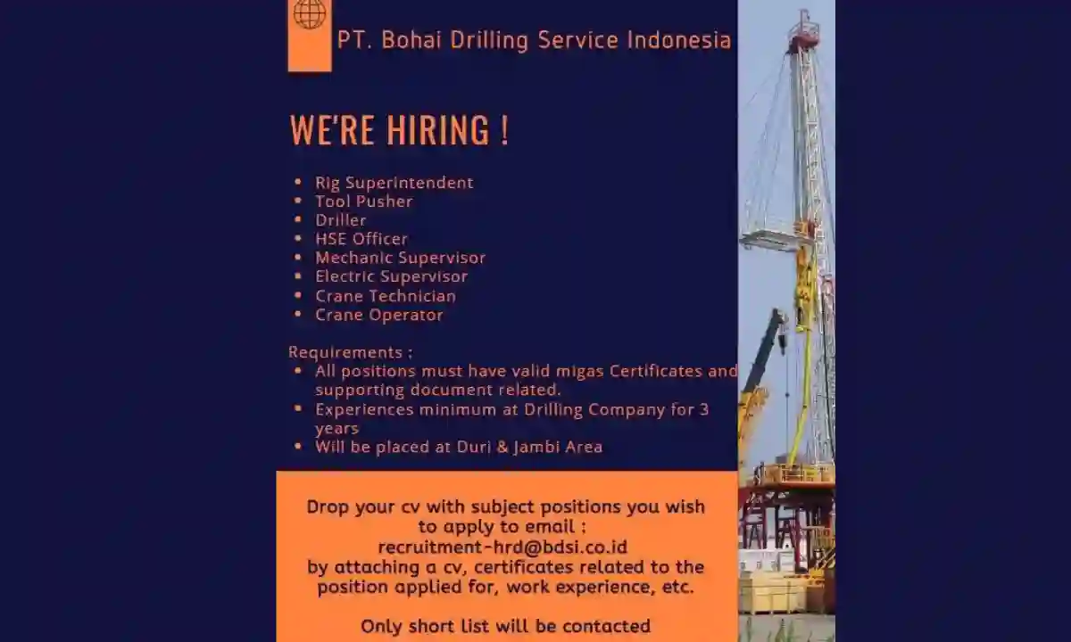 Drilling HSE Officer Tool Pusher Electric Supervisor Crane Operator Jobs in Indonesia