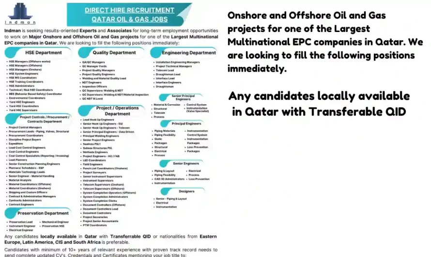 Onshore and Offshore Oil and Gas projects Jobs in Qatar